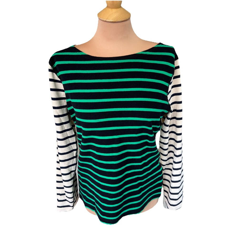 J. Crew Women's Knit‎ Top Size XL Preppy Green Black Yellow Stripe Stretch